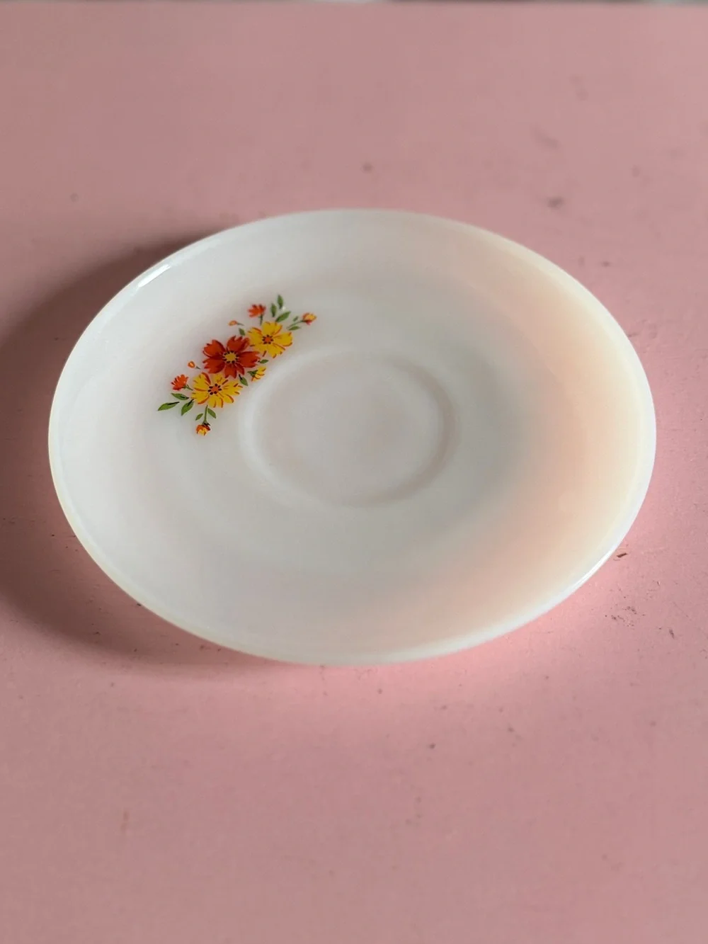 Vintage Anchor Hocking Fire King Ware red floral motif saucer plate 6”